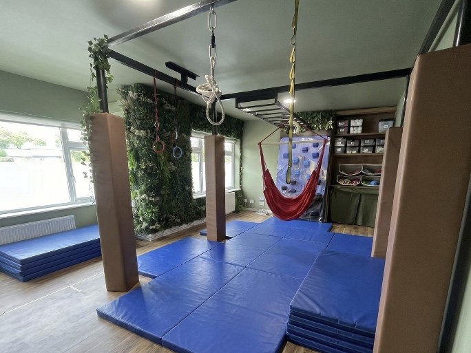 Amanda Kelly's sensory room: a suspended swing frame with therapy hammock and climbing holds, a green plant wall, padded posts and crash mats